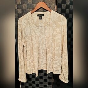 TAHARI Open Front Linen Blend Jacket Blazer in Beige&Cream Palm Leaf Pattern, M